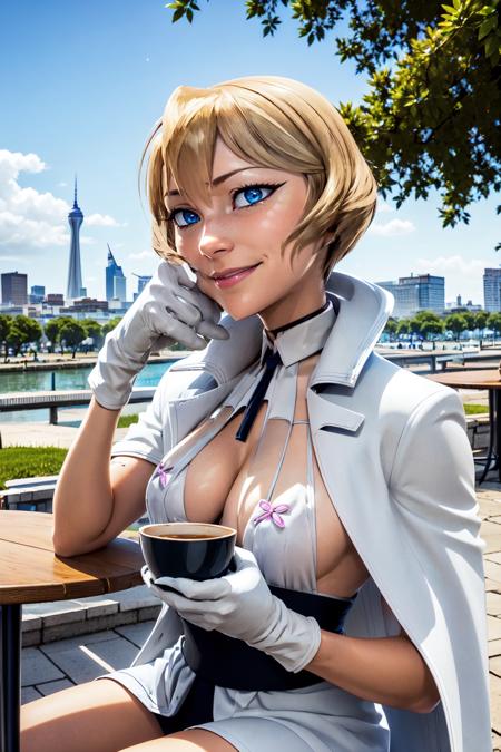 upper body, cute smile, sitting in a cafe holding a cup of tea, side view, city in background, beautiful eyes, beautiful girl, high detail skin, high detail eyes, high detail hair, highres, ultra detailed, sharpen picture, Highly detailed, masterpiece, best quality, photorealistic, <lora:FinneLoRA:1> (finne in skimpy outfit, white long coat:1.2, white gloves)