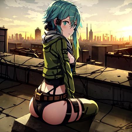 Sinon, 1girl, best quality, masterpiece, best quality, short hair with long locks, (post-apocalyptic city:1.3), (cleavage), (prone:1.4), ass focus