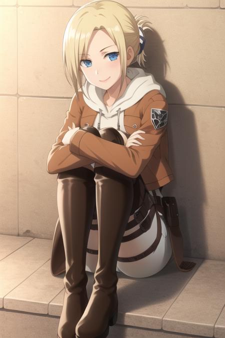 masterpiece, high quality, highres, 1girl, solo,
<lora:Annie-v1-03:0.5>, <lora:AoT_Style:0.1>, ChopioAnnie, blonde hair, short hair, folded ponytail, blue eyes, looking at viewer,
jacket, uniform, hood, paradis military uniform, emblem, hoodie, training corps (emblem), hood down, boots, belt, thigh strap, pants, knee boots, large breasts, sitting, knees to chest, hugging own legs, seductive smile,