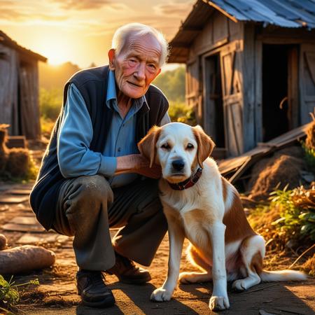 Golden hour photo of a 78 year old man, 
lean and chiseled, 
attracts limited to distant tissues, 
crawling an abandoned puppy, in a dilapidated village,
his expressive eyes expressing compassion, 
a face embodying a heavy experience, 
upper central framing, 
in a composition hailed as a masterpiece, 
capture maximum details, 
digital painting, 
ultra realistic, 
dramatic lighting