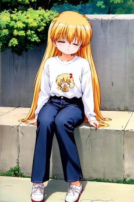 <lora:kozuki_miyu:1>, kozuki miyu, (masterpiece:1.2), (high quality:0.8), 1girl, solo, on the streets, outdoor, pants, sitting, long sleeves, shirt, white shirt, on floor, denim, jeans, closed eyes, slippers, full body