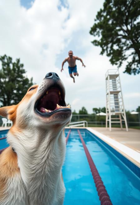 Photograph with a forced perspective effect, In the foreground very close to the camera is a dog barking at the sky, its mouth wide open, only its head is visible. In the background we see an outdoor public pool with a diving tower, a man is mid-air diving. The forced perspective effect gives the impression that the diver is diving into the mouth of the dog. The image is shot with a wide field of view, everything is sharp.