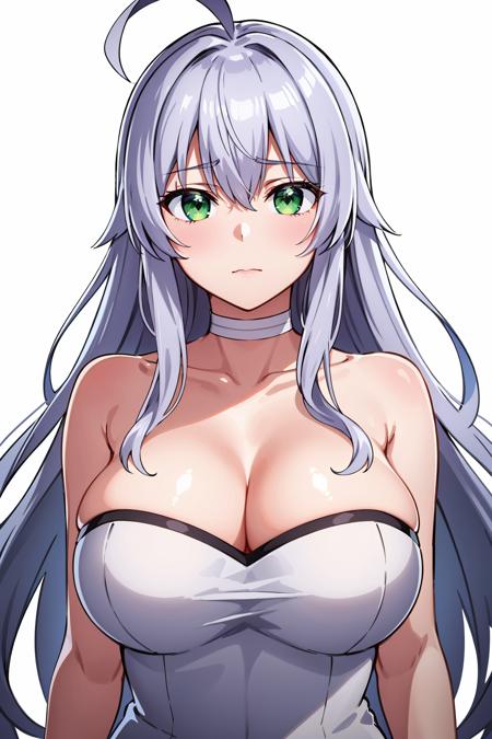 (masterpiece), best quality, expressive eyes, perfect face, solo,
long hair, wavy hair, silver hair, green eyes, large breasts, bursting breasts, ahoge, white dress, strapless, choker, 
portrait, white background,