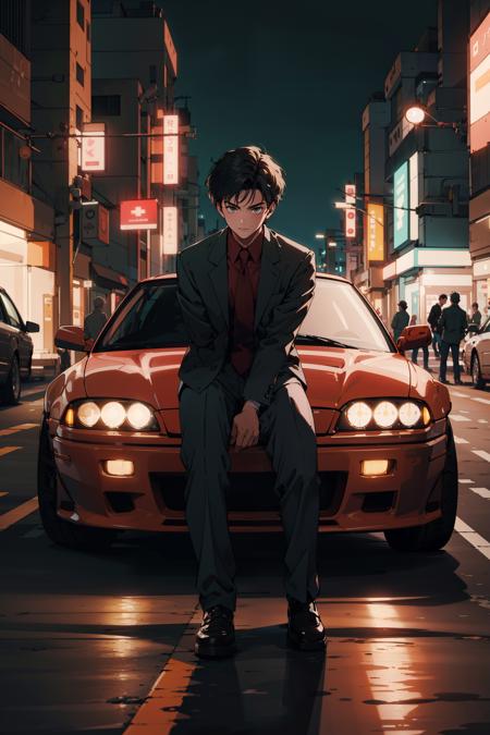 1boy sitting on a car, night city,epic photo, <lora:80'sFusion:0.6>