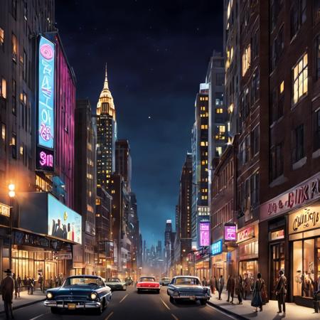 a 60s city street filled with lots of tall buildings, retro, night, city lights, a detailed matte painting by Richard Estes, featured on cgsociety, ashcan school, matte painting, matte drawing, cityscape