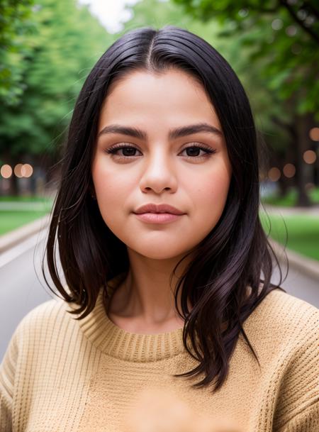 upper body, young adult woman outside, beautiful woman<lora:S3l3n4G0m3z4-RealPersonTraining_4L-byShurik:1.2> Hispanic, brown eyes,
wearing (sweater), portrait, beautiful face, pretty eyes, outside, portrait, park, trees, teeth, eyes open, ward winning photo, best quality, upper body, windblown black hair, by lee jeffries nikon d850 film stock photograph 4 kodak 400 camera f1.6 lens rich colors hyper realistic lifelike texture natural lighting unreal engine trending on artstation cinestill 800, (100mm lens)  <lora:epiCRealismHelper:1>