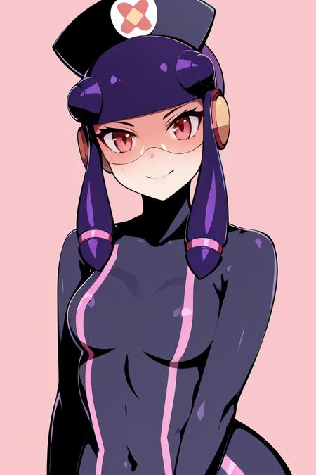 Meddy.Exe,  Netnavi_MM,  purple hair,  nurse cap,  visor,  pink-tinted eyewear,  red eyes,  sidelock,  purple bodysuit, <lora:EMS-10484-EMS:0.800000>, , <lora:EMS-53386-EMS:0.800000>