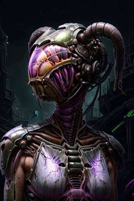 portrait of dark purple crab, beautiful girl (long neck, slender arms)), massive helmet, biopunk body armor, (green luminescence), insectoid textures, sci-fi