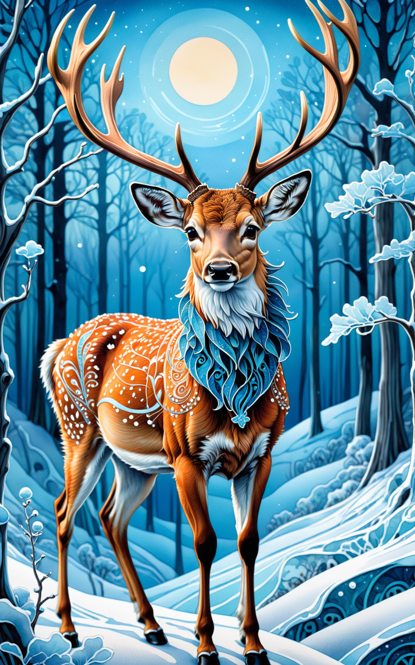 A deer with a blue necklace stands in a snowy forest.