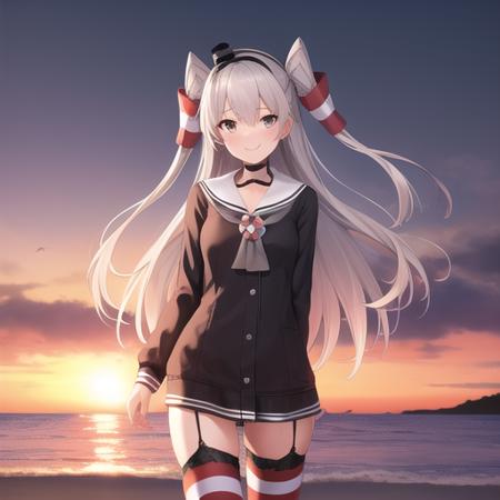 (masterpiece, best quality:1.2),illustration,8k,hd,beautiful purple sunset at beach,1girl,solo,cowboy shot,long_hair,two_side_up,sailor_dress,dress,smile,grey_hair,brown_eyes,striped,garter_straps,short_dress,zettai_ryouiki,choker,striped_thighhighs,very_long_hair,red_thighhighs,<lora:Amatsukaze(kan)>,