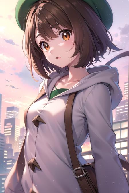 pokemongloria, <lyco:pokemongloria-lyco-nochekaiser:1>,
pokemongloria, (brown eyes:1.5), brown hair, medium hair, (small breasts:1.2),
BREAK cardigan, dress, green headwear, grey cardigan, hood, hood down, hooded cardigan, long sleeves, pink dress, short dress,
BREAK looking at viewer, full body, upper body,
BREAK outdoors, city, sky,
BREAK <lyco:GoodHands-beta2:1>, (masterpiece:1.2), best quality, high resolution, unity 8k wallpaper, (illustration:0.8), (beautiful detailed eyes:1.6), extremely detailed face, perfect lighting, extremely detailed CG, (perfect hands, perfect anatomy),