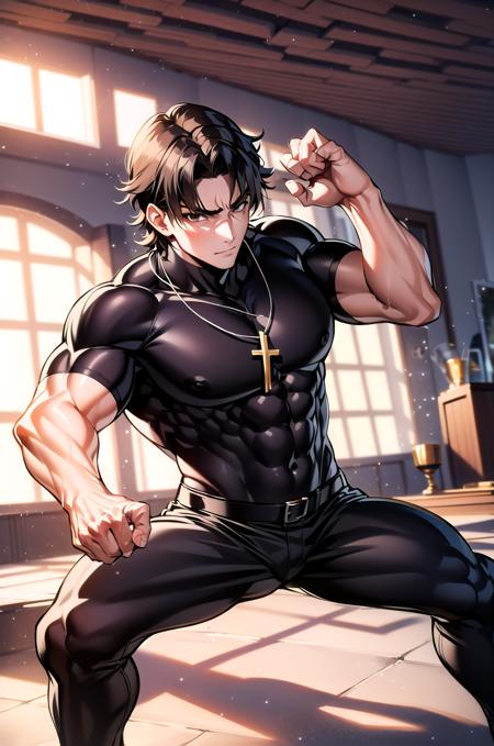 (masterpiece, best quality, detailed), 1boy, male focus, muscular, indoors, from above, looking at viewer, serious, fighting stance, clenched hands, dutch angle, kotomine kirei, black shirt, black pants, cross necklace, short sleeves, parted bangs