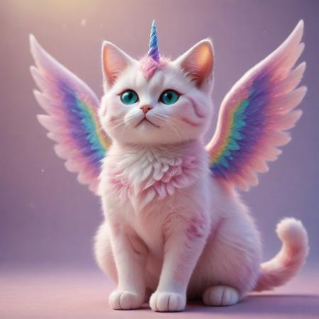 RainbowUnicornStyle, full body, pink cat made of rainbow, wearing a cute pink dress, wings on back, beautiful fantasy background, Masterpiece level quality, soft lighting, sharp focus, fine details, high quality, precise, high resolution, 4k, 8k,
