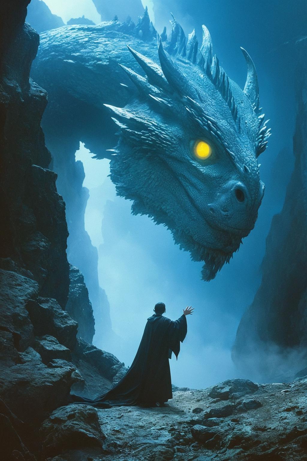 A large blue dragon and a man in black clothing standing on a rocky cliff. The dragon is hovering in the air, with only its head and neck visible. The dragon has a bright yellow eye and a textured blue skin. The man is wearing a long black robe and is looking up at the dragon. He is holding out his hand, as if to touch the dragon. The background is a dark blue sky with some clouds. The cliffs are dark and rough, with some small patches of light shining through