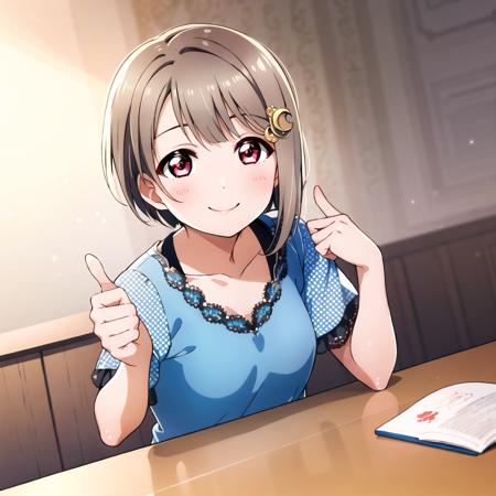 ((Masterpiece)), ((ultra quality)), <lora:kasumin:1>, bangs, light brown hair, short hair, , blunt bangs, small-sized breast, crescent, crescent hair ornament, hair ornament, hairclip, nakasu kasumi, sitting, smiling, thumbs-up!