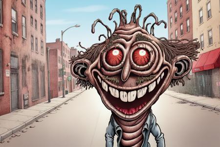 Whimsical brawing in basilwolverton style, grotesque, spaghetti hair, bulging eyes, skin folds, veins, large teeth, bloodshot eyes 1man  smiling walking down a city street looking across the street towards camera <lora:BasilWolvertonComboStyleXL_v1.1:0.8>