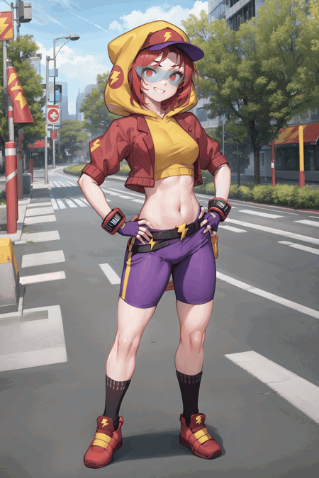 maxBS_skin, 1girl, red hair, red eyes, sunglasses, tinted eyewear, yellow hoodie, hood, baseball cup, crop top, jacket, short sleeves, gloves, fingerless gloves, navel, belt, purple shorts, bike shorts, socks, shoes, red footwear