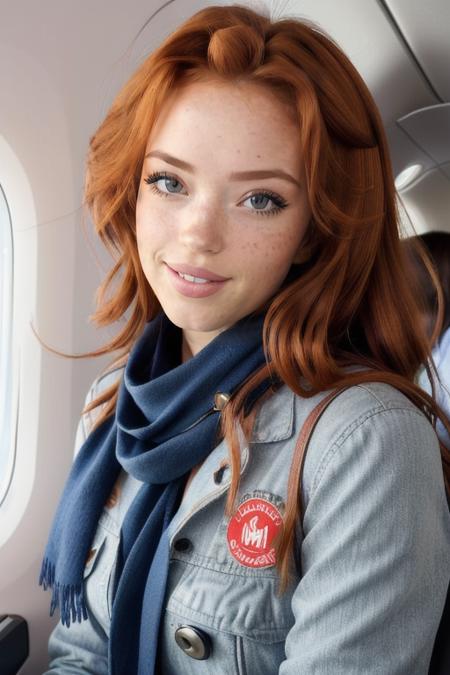 RileyRasmussen, upper body, flight attendant, Air France, KLM, British Airways, bold scarf, first class cabin, Boeing, sunrise, (masterpiece, best quality, extremely detailed:1.2)