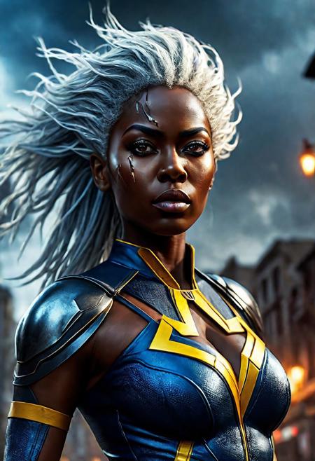 UltUltra detailed digital art masterpiece, Hyperdetailed, hyperrealism, extremely high resolution of Beautiful black Superheroine Ororo Munroe as Storm, Greg Rutkowski style, stands in a bloody, sinister battle in the streets of a ruined city, Realistic black eyes, wavy grey hair, Intricately designed blue and yellow X-Men Superheroine combat costume with X logo, Marvel, X-Men, 8K, deep color, Cinematic Lighting, intricate smooth, sharp focus digital painting, Artgerm, WLOP, Greg Rutkowski, Beautiful Ororo Munroe as Storm, Intricately Designed handsome black face, Marvel comics, Realistic combat dirty clothing, perfect whole athletic body, defiant and seductive, Photograph Taken on Nikon D750, Intricate Elegant, Digital Illustration, Scenic, Unreal Engine, CryEngine, Octane Render, 8k, Designed combat clothes, Attractive, Attractive black woman, dramatic lighting, wet and sweaty skin, beautiful firm Breasts, Daylight, Concept art by Greg Rutkowski, adding to the intense and dynamic atmosphere of the scene