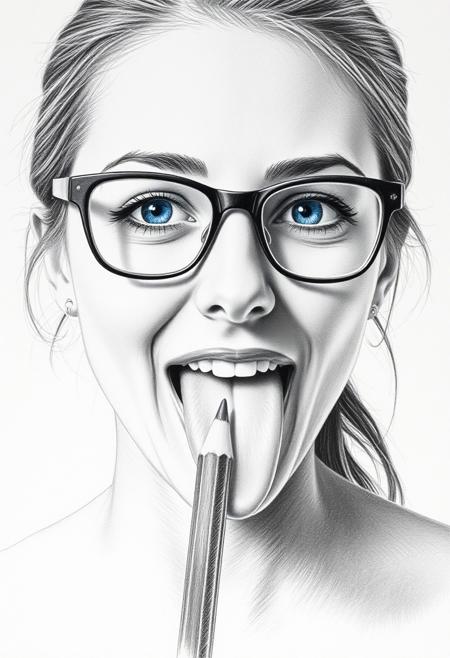 Create a hyper-realistic pencil sketch of a real woman, with visible strokes and shading. She's showing her tongue, looking directly into the camera. She's wearing glasses. The whole pencil drawing is monochrome, and only the eyes are drawn in blue. The entire surface, including the background, shaded with pencil, capturing texture of the very hard paper. The portrait have detailed hatching and pencil marks.
