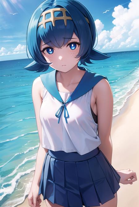 pokemonlana, blue eyes, blue hair, freckles, hairband, short hair, white pupils, yellow hairband, (bright pupils:1.5), bare arms, black thighhighs, blue sailor collar, blue skirt, collarbone, one-piece swimsuit, pleated skirt, sailor collar, shirt, skirt, sleeveless, sleeveless shirt, swimsuit, swimsuit under clothes, thighhighs, white shirt,