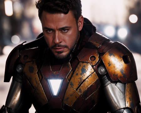 from avengers  <lora:avengers_offset:1>,  close up Portrait photo of muscular bearded guy in a worn mech suit, ((light bokeh)), intricate, (steel metal [rust]), elegant, sharp focus, photo by greg rutkowski, soft lighting, vibrant colors, masterpiece, ((streets)), detailed face