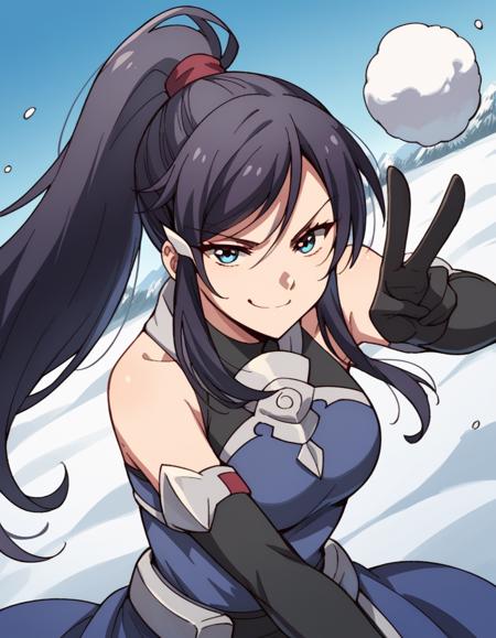 setsuna shiga, long hair, blue eyes, black hair, hair ornament, ponytail, medium breasts, gloves, bare shoulders, elbow gloves,