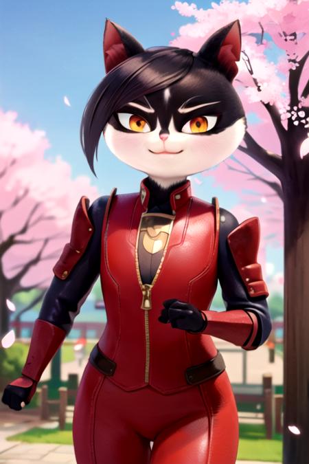 masterpiece, best quality, <lora:chizu:0.7>  chizu, cat girl, furry female, solo, cat ears, short hair, closed mouth, orange eyes, armor, bodysuit, red jacket, red bodysuit, outdoors, cherry blossoms, falling petals, smile, looking at viewer, standing, upper body,