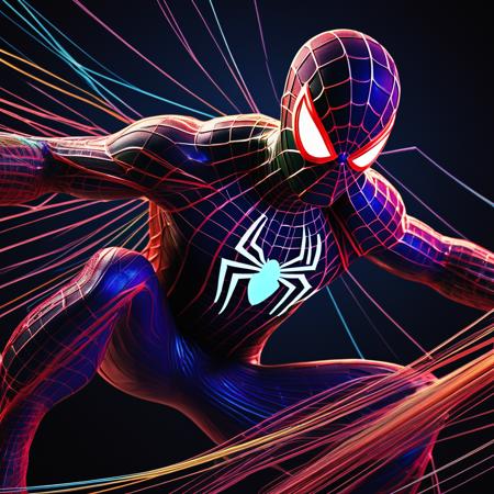 xians,<lora:xs_3:0.3>,Spider Man composed of flowing colored lines, with lines resembling light and realistic rendering