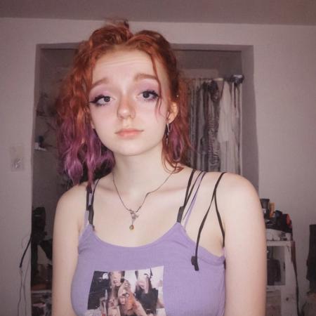 woman, egirl_pfp, makeup
<lora:egirl_pfp:1>, Molly, MJ, auburn hair, greyish violet tank top, violet spaghetti strap tank top, cleavage, polaroid photo, large boobs