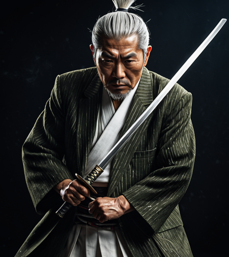 Smooth Quality ,A dramatic portrait of an elderly Japanese swordsman, in a dark olive-green business suit unsheathing a katana,
 silver-white hair styled neatly back, deep wrinkles on his weathered face showing intense concentration, wearing a
 white dress shirt beneath the suit, detailed hand grip on the katana's handle wrapped in dark blue and white tsuka-ito
 pattern, ornate brass tsuba (sword guard) with traditional Japanese patterns, dynamic motion blur effect on the coat 
suggesting swift movement, dramatic side lighting from the left creating sharp shadows, dark moody background in deep
 browns and blacks, digital art style with painterly brushstrokes, ultra detailed illustration, cinematic composition 
with extreme close-up focus on the face and hands, sharp details on the sword handle and fittings, atmospheric lighting,
Katana,Action pose, <lora:clear:1>,Stable_Yogis_Illustrious_Positives