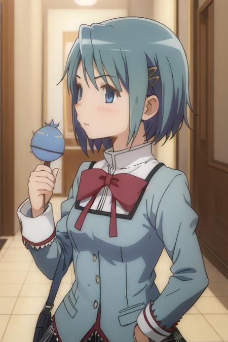 best quality, masterpiece, highres, solo, {miki_sayaka_puellamagimadokamagica:1.15}, short_hair, blue_hair, blue_eyes, hair_ornament, bow, hairclip, parody, 1girl, mitakihara_school_uniform, profile, school_uniform