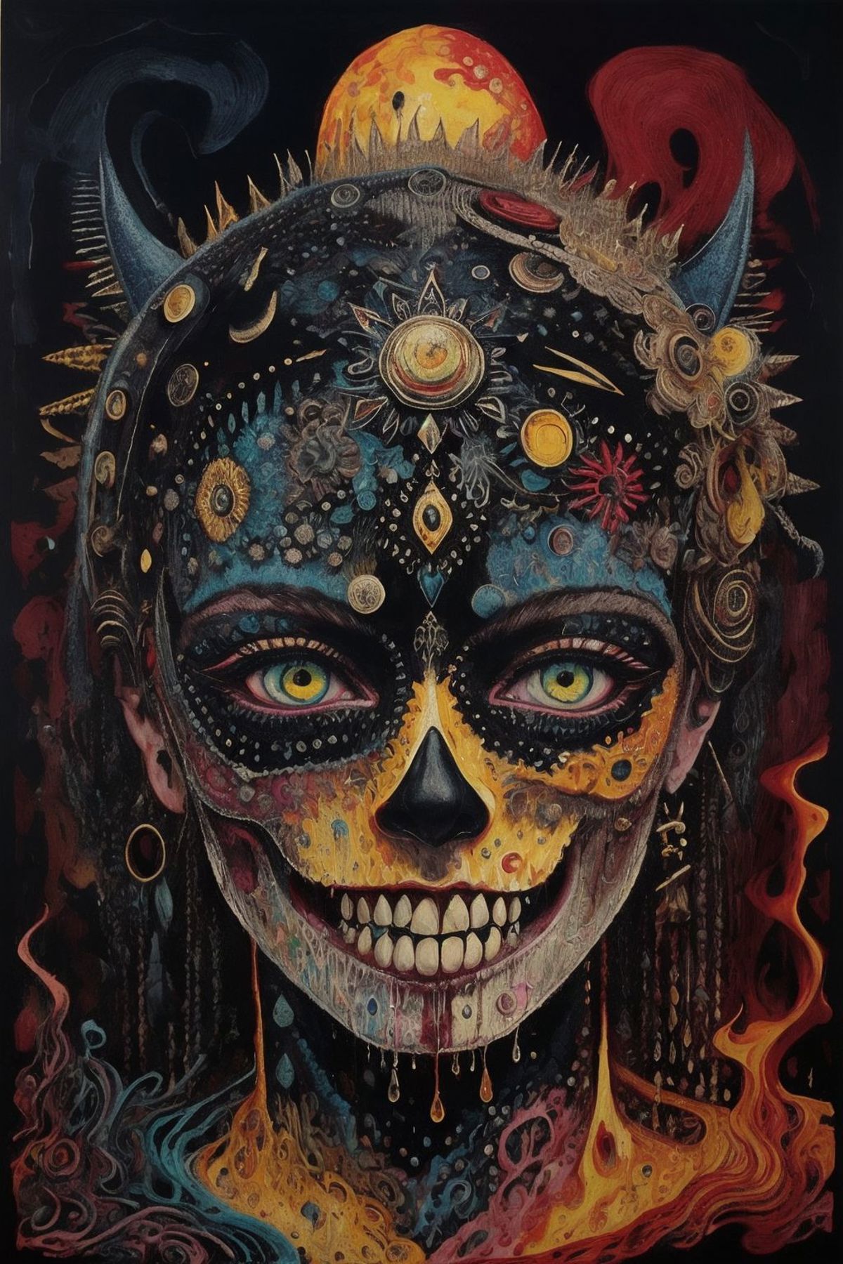 A colorful painting of a woman's head with a skull face, decorated with various jewels and adornments.