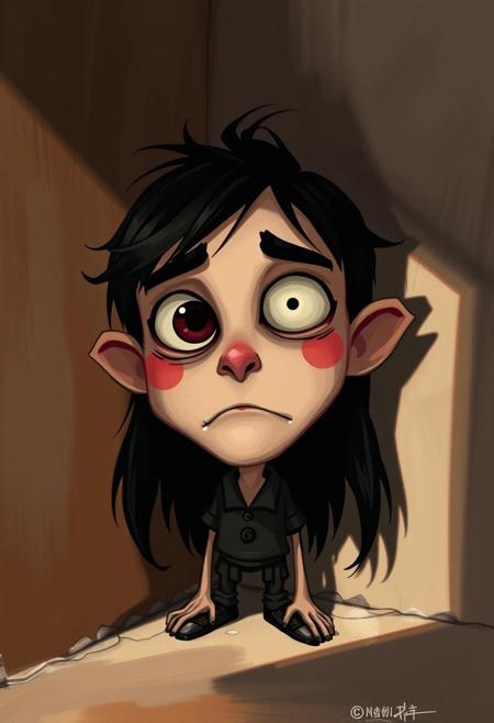 A digital painting employing contrasting chiaroscuro lighting. Natural earth tones of browns and beiges are used, creating strong contrasts and deep shadows. The whimsical character designs feature exaggerated proportions, big expressive eyes, and stylized anatomy. The style blends gothic undertones, vibrant color palettes, and urban art aesthetics, creating a playful yet eerie atmosphere.