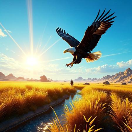 Soaring high above the endless savannah, a noble Bald Eagle rides the currents with effortless grace. Wingspan stretched to the utmost, taloned feet tucked neatly behind, he cuts a striking silhouette against the azure firmament. Beneath those piercing yellow eyes, a hapless Hare darts hither and yon, bounding desperately across the waving grasses.
Golden beams of Solarian light lance downward, stretching the shadows cast by prey and predator alike until they seem to merge with the horizon. Each beat of the mighty wings propels the hunter closer to his quarry, who leaps and veers in a futile attempt to evade certain doom. Against the vast openness of plains and sky, the drama plays out in stark relief, a timeless dance of death and survival enacted since Time immemorial.
3d-rendering, concept-art, digital, dreaminess, futuristic, multimedia, virtual-reality, 
eeriness, fantasy, other-worldliness, science-fiction, surreal, 
colorful, sci-fi style, technological, alien worlds, space themes, advanced civilizations, 
best quality, masterpiece, aesthetic, intricate details, highly detailed, ultra-detailed, absurdres, unreal engine, octane rendering, high contrast, vivid, vibrant, volumetric lighting, sharp focus, 
tearStyle2