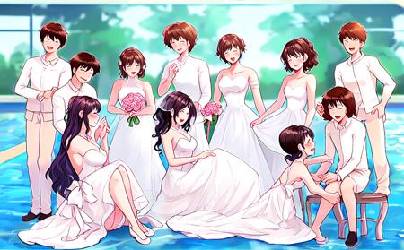 group, different face, 1 couple,Wedding dress,color dress, swiming pool,1 line,high quality,front view,masterpiece, extra detail