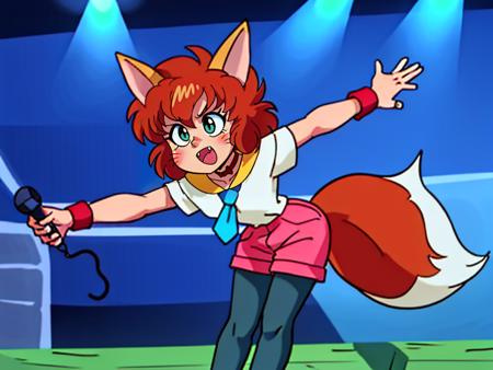 1girl, solo, KotoCzar, (fox ears, small tail, auburn hair, whiskers, whisker markings), (pink shorts, choker, wristband, black pantyhose, white shirt, yellow shirt collar, blue necktie), (full body, standing, microphone, announcer, arena, crowd, fighting ring), (masterpiece:1.2), hires, ultra-high resolution, 8K, high quality, (sharp focus:1.2), clean, crisp, cinematic,<lora:Koto-v1:0.7>