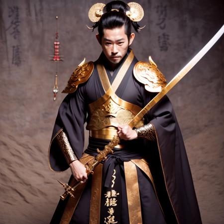 photo, man dressed in black and gold holding a sword (FantasyDaimyo style:1)  <lora:djzFantasyDaimyoV21:0.8>