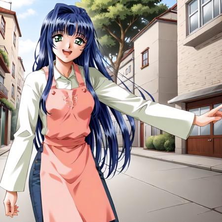 YukariIsshiki,1girl,blue hair,long hair,green eyes, white shirt,long_sleeves, jeans pants, pink apron,