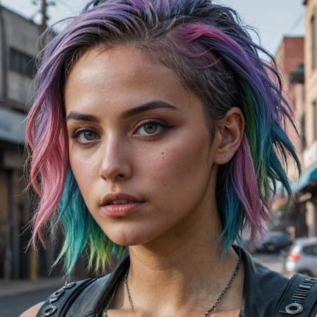 epic realistic, DV_Karah_Vicious, cyberpunk lanscape, ultra realistic, cinematic lighting, ultra detailed, detailed gorgeous face, beautiful girl, olive skin, medium length rainbow hair, simetric face, good anatomy, deusamelada, (Masterpiece:1. 3), (best quality:1. 3), <lora:add_detail:0. 4> <lora:epi_noiseoffset2:0. 4> <lora:hairdetailer:0. 6> <lora:more_details:0. 3> <lora:add-detail-xl:1. 2> <lora:DetailedEyes_V3:1. 2> <lora:sd_xl_offset_example-lora_1. 0:1. 2>, (natural skin texture, hyperrealism, soft light, muted colors), background, rutkowski, rim light