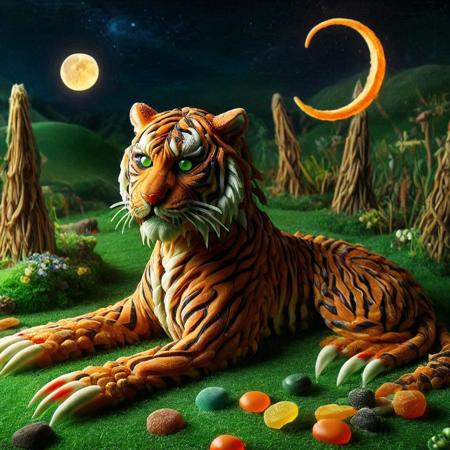 candy, score_9, score_8_up, score_7_up, score_6_up, score_5_up, score_4_up score_9,score_8_up, Tiger made of candy on a Grass Plains by Crescent Moon