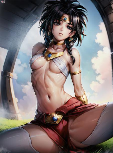 ((small breasts:1.6)),beautiful asian girl,  (original: 1.2), (realistic: 1.3) (mixed Korean), beautiful girl with beautiful details, extremely detailed eyes and face, eyes with beautiful details, absurd, incredibly absurd, huge file size, ultra detail, high resolution, ultra detailed, best quality, masterpiece, illustration, ultra detailed and beautiful, ultra detailed, CG, unity, 8k wallpaper, amazing, fine Detail, masterpiece, top quality, official art, extremely detailed CG unity 8k wallpaper, cinematic lighting, (perfect shiny skin:0.6), slim and smooth lines, (floating),(spread legs:1.4),
<lora:girlbroly-08:0.6>,1girl, solo, solo focus, ),  black hair, twin braids, ((red skirt)), gold headband front, golden necklace on the chest,gold bracelet with gems, (black crop top),   white pants,