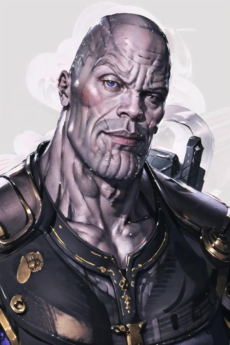 Highly detailed, High Quality, Masterpiece, beautiful, RocksEyebrowRaise, <lora:RocksEyebrowRaise:1>, 1boy, solo, portrait, raised eyebrow, thick eyebrows, photo of thnos, muscular, <lora:Char_Sigmas_Thanos:0.65>