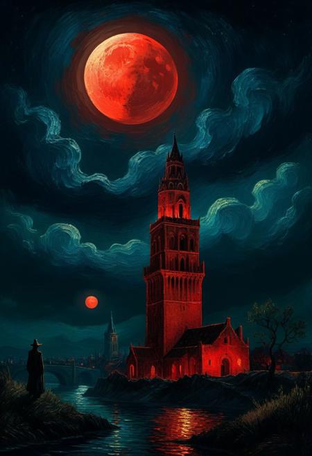 mystic fantasy scene, van gogh style, dark tower, red moon, nighttime, epic fantasy scene, van gogh style, sharp, night, surreal, fantasy, ultra quality, 8k, best quality, masterpiece, detailxl, max details, midjourneyv6.1