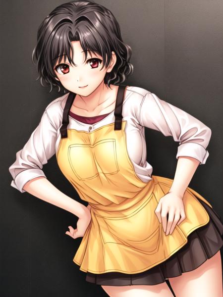 yuzuhara_haruka, white shirt,yellow apron, black skirt, long skirt,
