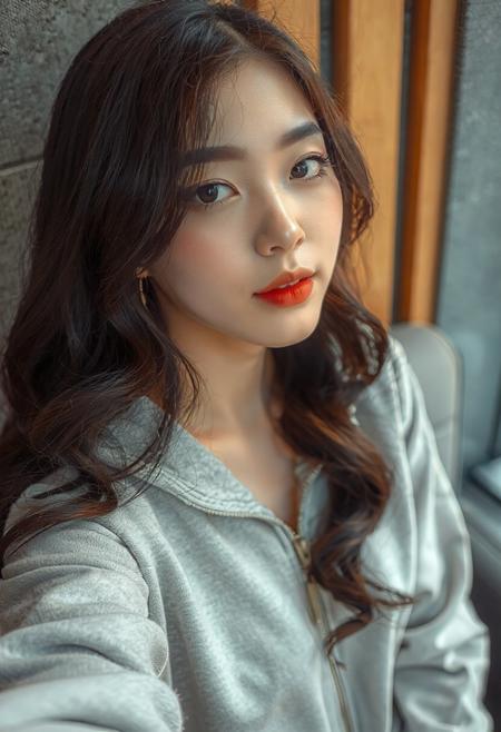 DLSR photograph, slender, beautiful  26 year old korean model . Pale skin, 
lighting<lora:MoriiMee_Gothic_Niji_Style_FLUX:0.3500000000000001> <lora:AsirAsianPhotographyflux:0.7000000000000002>
"A close-up selfie of a young woman with long, dark brown wavy hair. She has fair skin, delicate facial features, and is wearing subtle eye makeup with a touch of pink blush on her cheeks and bold red lipstick. She is wearing a light gray zip-up hoodie. The background is slightly out of focus, showing a textured gray surface and a glimpse of vertical wooden panels in warm tones. The lighting is soft and even, highlighting her features. The overall mood is serene and slightly glamorous."