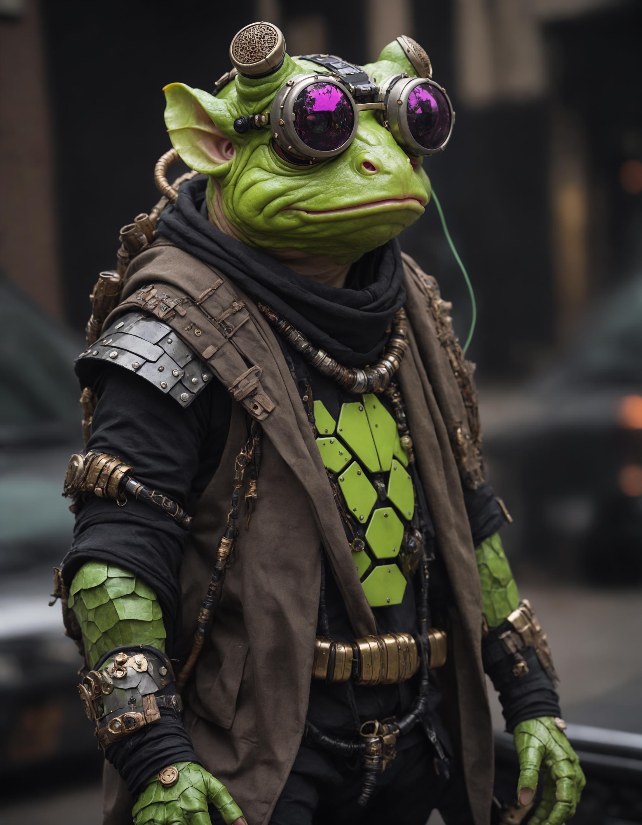 A man dressed in a frog costume wearing glasses and a chain around his neck.