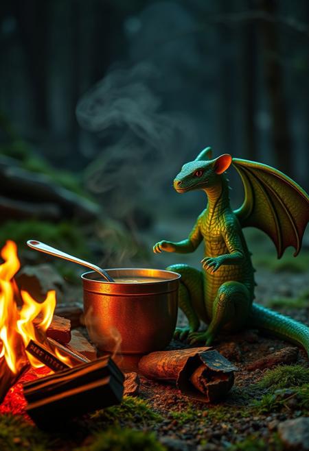 surreal VFX, nano-rat stirring broth on a campfire with a steel red spoon, sitting with the  green nano-dragon with dark green wings seen under an electron scanning microscope, with details, vivid colors