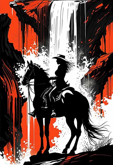 Silhouette style long shot, line art drawing style of Guy Denning, silhouette, dark silhouette style, 
Beautiful cowgirl riding her huge horse. The horse is drinking from a waterfall.
dark red outlines, white, complex drawings, shapes, glowing outlines, abstract shapes, surreal, mystical, white, black, yellows and oranges colours, blood red, masterpiece, (((high contrast, minimalistic, black and white, stark, dramatic))), pencil drawing, sketch, artstation, modern, sleek <lora:add-detail-xl:1> professional, minimalist, graphic, line art, vector graphics. ((Resplendent spotlight highlighting)).