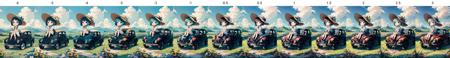 The little chibi girl sat on an antique Beetle car, with a straw hat, lawn, blue sky, white clouds, distant mountains, countryside, flowers <lora:detailmaker-lite:-6>